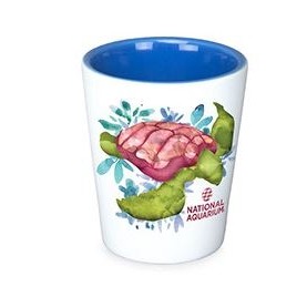 2 Oz. Two Tone Matte Ceramic Shot Glass White Aqua Blue Logo